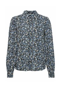 Camicia a maniche lunghe con bottoni in un motivo floreale blu, nero, bianco e arancione su uno sfondo scuro; presenta un colletto e una pattina con bottoni.