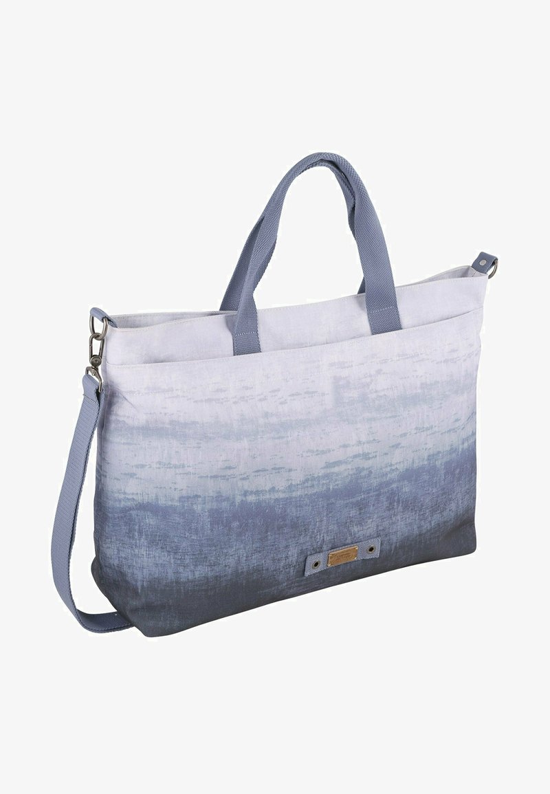 Bolsa de tote de lona con un diseño degradado de azul claro a azul oscuro, con dos asas y una correa de hombro desmontable.