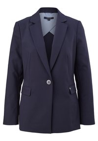 Blazer azul marino con cierre de un solo botón, dos bolsillos frontales y solapa con muesca. El interior presenta un patrón a rayas.