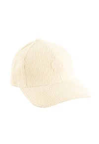 Beige corduroy honkbalpet met een ronde kroon, licht gebogen vizier en een gestructureerd oppervlak met een ronde logopatch.