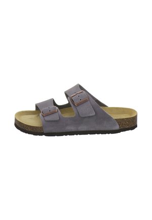 Grey suede slip-on sandal with two adjustable buckle straps, contoured cork footbed, and black rubber sole.