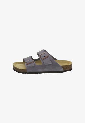 Grey suede slip-on sandal with two adjustable buckle straps, contoured cork footbed, and black rubber sole.