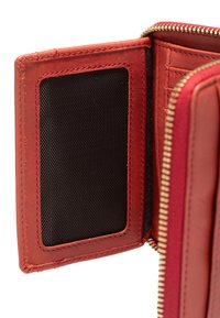 Red leather wallet interior with a zip closure, featuring a black mesh card slot and multiple card pockets, detailed with contrasting stitching.