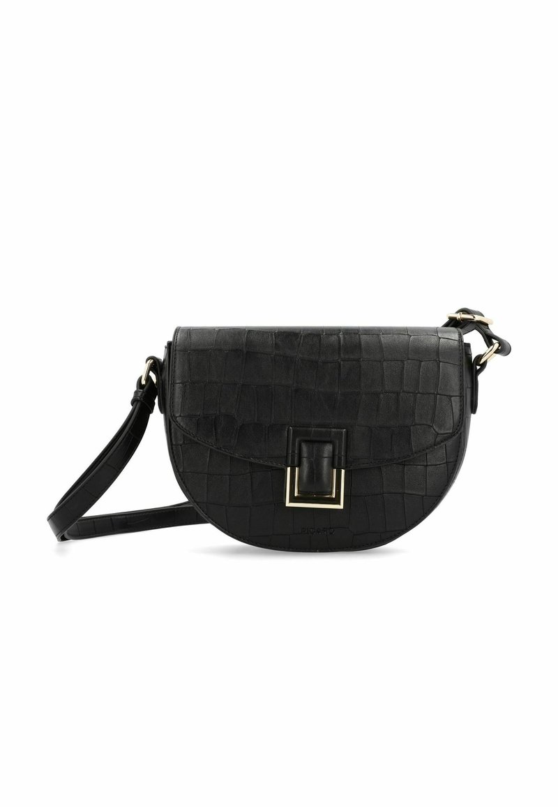 Borsa a tracolla in pelle nera con texture a coccodrillo, forma arrotondata, dettagli in oro e tracolla regolabile. Chiusura a patta con gancio.