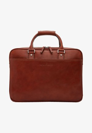 Braune Leder-Laptoptasche mit zwei Obergriffen, Reißverschluss und kontrastierender Naht. Verfügt über eine glatte Textur und dezente Logodetails.