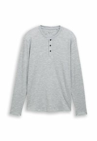 Szara koszula henley z długim rękawem, wykonana z miękkiej dzianiny jersey. Ma okrągły dekolt i cztery czarne guziki wzdłuż zakładki. Gładka faktura.