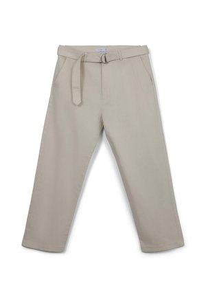 Beige cotton trousers with a straight leg design, a belted waist featuring a pointed end, and two side pockets. Smooth texture, minimal detailing.