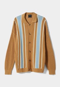 Brown knitted cardigan featuring light blue and white vertical stripes, button closure, and ribbed cuffs and hem.