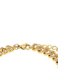 Bracciale in metallo color oro con maglie lisce e arrotondate, dotato di chiusura a moschettone e un'estensione della catena regolabile.