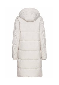 Leichte Steppjacke in einem sanften Beigeton, mit Kapuze, langen Ärmeln und horizontalen Steppabschnitten zur Isolierung.