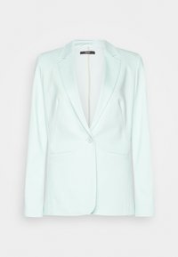 Blazer vert menthe clair en tissu lisse, doté d'une fermeture à un bouton, de revers crantés et de deux poches avant.