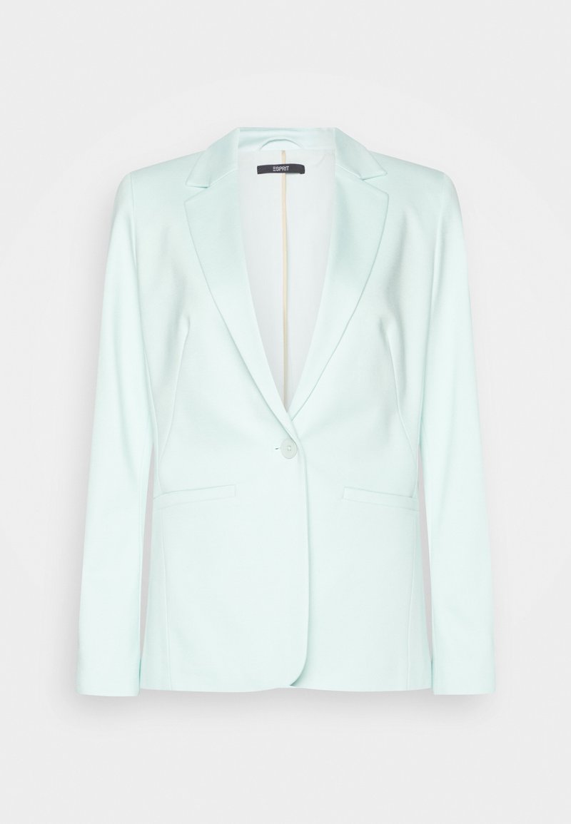 Blazer vert menthe clair en tissu lisse, doté d'une fermeture à un bouton, de revers crantés et de deux poches avant.