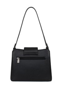 Czarna skórzana torebka o strukturalnej powierzchni, prostokątnym kształcie, z górnym uchwytem i zamykaną na zamek kieszenią z przodu.