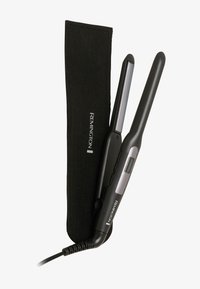 Svart rettetang med et elegant, glatt design, utstyrt med digital skjerm, knapper og et beskyttende stoffdeksel.