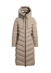 Giacca in piuma beige con zip a lunghezza intera, motivo a zig zag, cappuccio oversize e due tasche laterali. Fodera interna metallica.