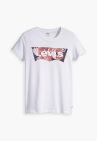 Bílý krátký rukáv tričko s kulatým výstřihem, s logem Levi's vyplněným růžovými grafikami růží na hrudi.