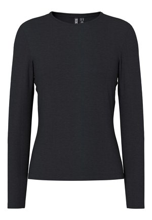 Black long-sleeve top made of soft fabric with a round neckline, fitted shape, and smooth texture. No patterns or embellishments present.