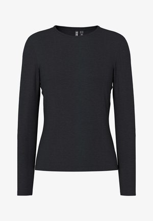 Μαύρο μακρυμάνικο μπλουζάκι από μαλακό ύφασμα με στρογγυλή λαιμόκοψη, εφαρμοστή γραμμή και λεία υφή. Χωρίς σχέδια ή διακοσμητικά στοιχεία.