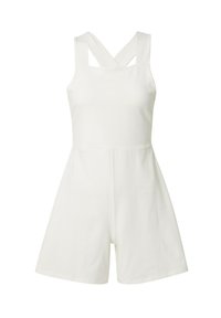 Witte katoenen romper met een vierkante halslijn, kruislings straps en een losse pasvorm. Heeft een gladde textuur en een kort beenontwerp.