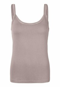Light mauve tank top made of soft, stretchy fabric. Features thin straps, a rounded neckline, and delicate lace trim along the edges.