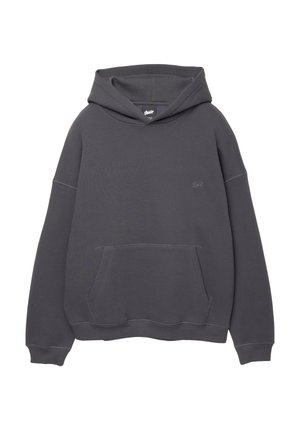Dark gray hoodie made from soft fabric. Features a large front pocket, drawstring hood, and small logo on the chest.