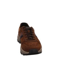 Braune Wildleder-Sneaker mit dunklen Akzenten, strukturiertem Obermaterial, runder Zehenpartie und beiger Sohle. Mit Schnürverschluss und verstärktem Fersenbereich.