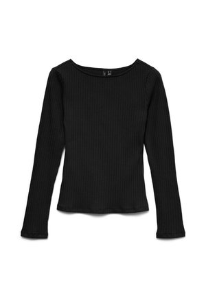 Top negro de punto acanalado de manga larga con escote redondo y silueta ajustada, dispuesto plano sobre un fondo blanco.