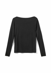 Must mustrokiga must särk, mis on valmistatud soonilisest kangast, laia kaelusega ja veidi lõtv. Ei ole nähtavaid mustreid ega aktsente.