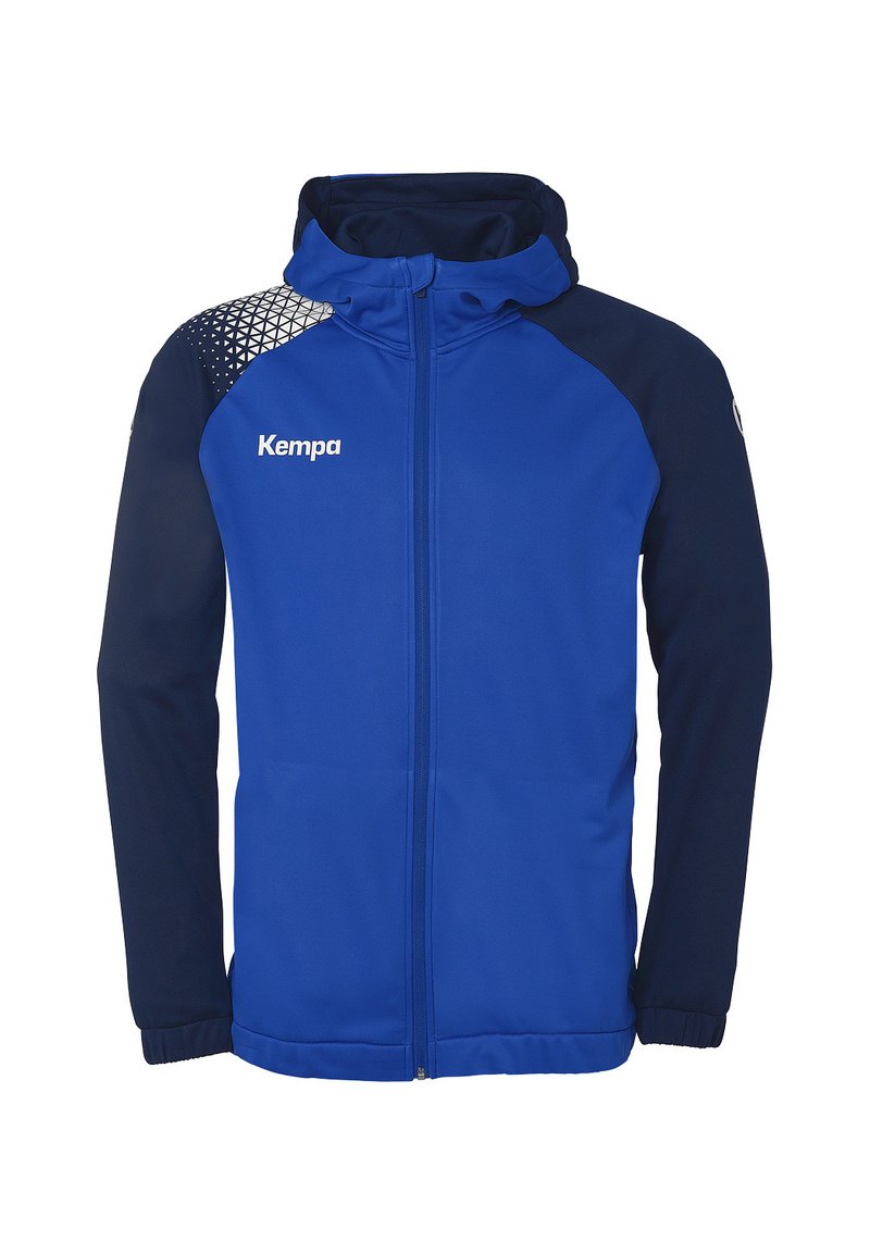 Blauwe sportjack met marineblauwe accenten, volledige rits, capuchon en geometrisch patroon op één schouder. Bevat het "Kempa" logo op de voorkant.