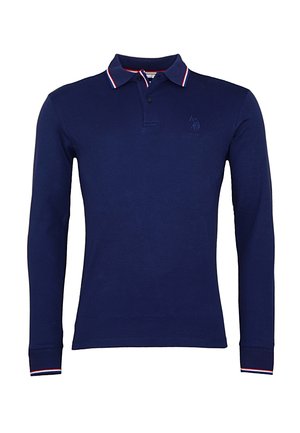 Polo a maniche lunghe blu navy con collo e polsini a righe rosse, bianche e blu, pattina con bottoni e logo ricamato sul petto.