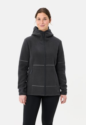 Dunkelgraue Fleecejacke mit Kapuze, Reißverschluss und zwei Vordertaschen. Verfügt über kontrastierende Nähte und eine weiche Textur.