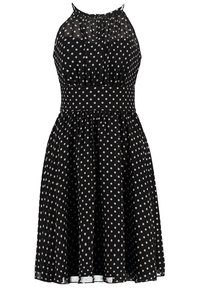 Schwarzes Halterneck-Sommerkleid mit weißen Punkten, tailliertem Oberteil, ausgestelltem Rock und elastischem Taillenbund. Leichter Stoff mit glatter Textur.