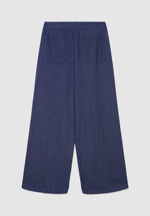 Denim culottes, dark blue, wide leg design, two back pockets, cuffed hems, clean stitching, soft texture, suitable for casual wear.