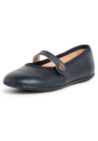 Navy blue leather flats with a rounded toe, elastic strap, and a metallic button detail; exposed interior lining features a textured pattern.