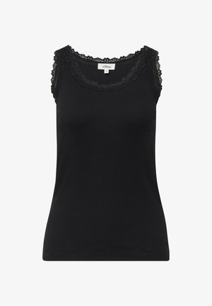 Haut sans manches noir avec un bord en dentelle le long de l'encolure et des emmanchures. Fabriqué en tissu doux et extensible avec une coupe ajustée.