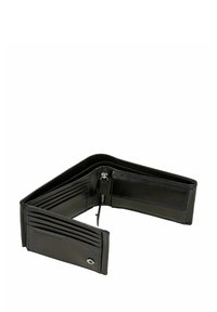 Czarny skórzany portfel z wieloma przegródkami na karty, komorą na zamek błyskawiczny oraz funkcją ochrony RFID. Gładka faktura i klasyczny design.