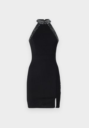Black halter dress with a fitted design, embellished neckline, side slit, and smooth texture. Features a secure back closure.