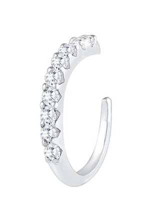 Cercel din argint, cu un șir de cristale clare strălucitoare de-a lungul unei laturi, evidențiind o suprafață fină și lustruită, cu un design modern.