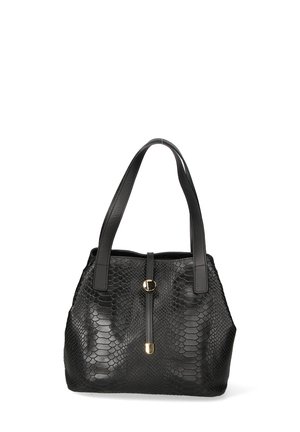 Sac à main noir effet peau de serpent avec poignées en cuir lisse, forme structurée, et détail de fermoir doré à l'avant.