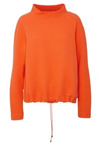 Suéter naranja de punto con textura, cuello alto, mangas largas y dobladillo ajustable con cordón.