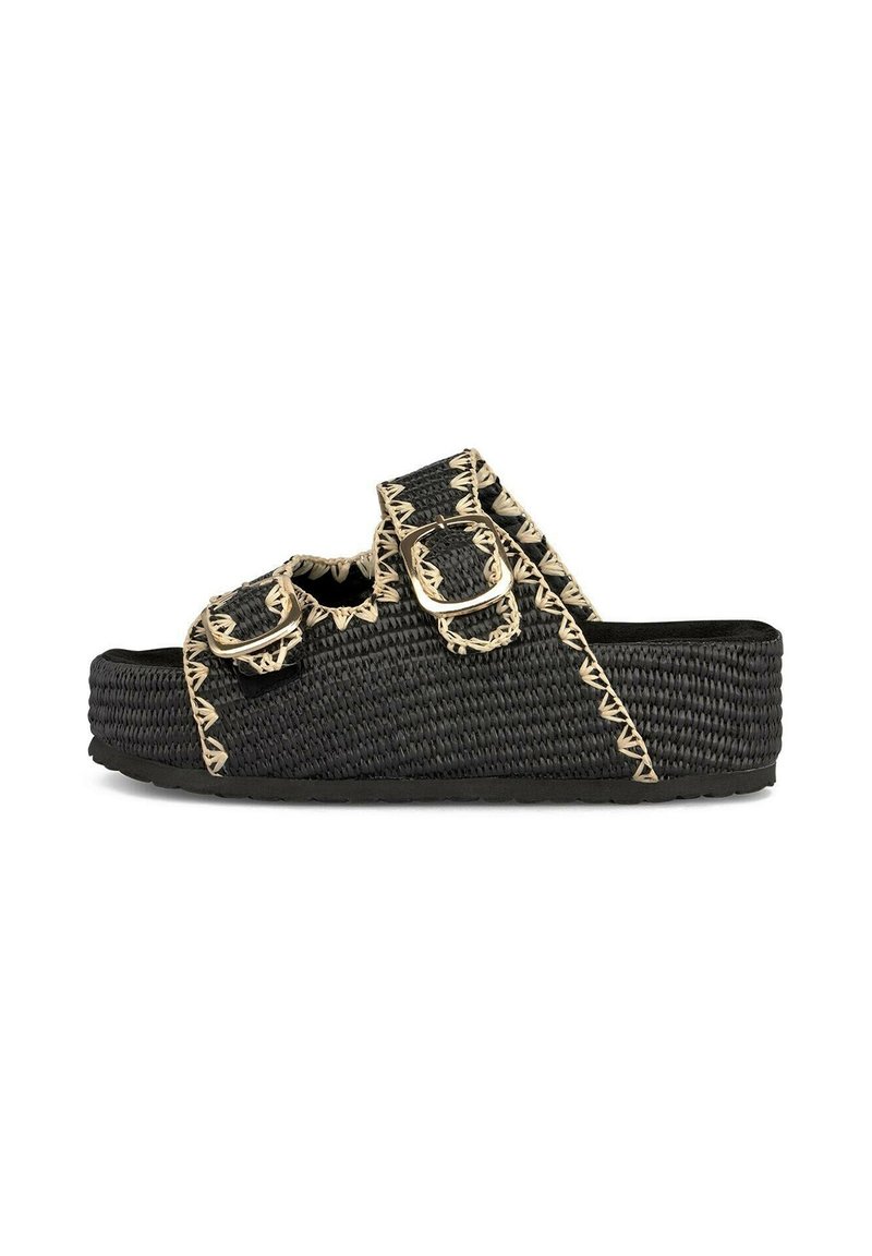 Sandale plateforme noire à glissement, avec deux sangles à boucle, un détail de texture tissée et un contraste de couture claire le long des bords.