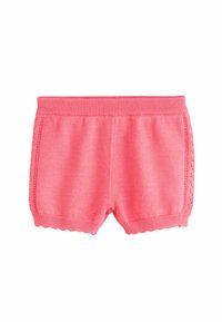 Rózsaszín pamut sort, bordás derekú, fodros szegéllyel és díszes oldali varrással. Sima textúra és testhezálló kialakítás.