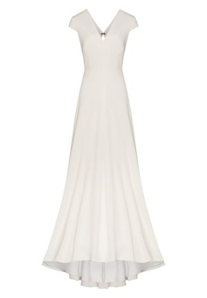 White, short-sleeve dress with a V-neck, flared skirt, and a high-low hem. Features a decorative element at the neckline. Smooth fabric texture.