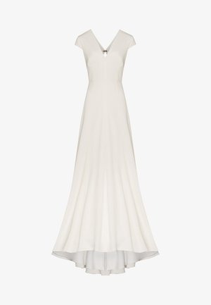 Witte jurk met korte mouwen en V-hals, met een uitlopende rok en een hoge-lage zoom. Bevat een decoratief element bij de halslijn. Gladde stoftextuur.