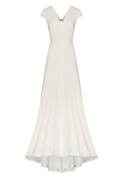 Robe blanche à manches courtes avec un décolleté en V, une jupe évasée et une longueur asymétrique. Présente unélément décoratif au niveau du col. Texture de tissu lisse.