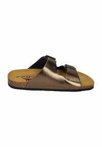 Metallic bronze slide-on sandals with two adjustable straps, cork footbed, and textured black sole. Open-toe design with flat profile.
