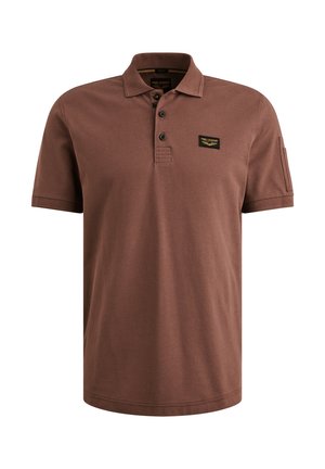 Braun Polohemd aus Baumwolle, mit Kragen, dreiknöpfiger Knopfleiste und einem Aufnäher mit Logodetail auf der linken Brust.