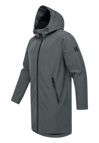 Jachetă impermeabilă gri cu glugă, fermoar pe față, buzunare laterale și accente negre. Fabricată dintr-un material neted și ușor.