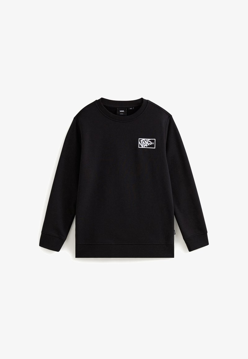 Sweatshirt noir en matériau doux, avec un col ras du cou et des manches longues. L'avant comporte un patch logo Vans blanc.