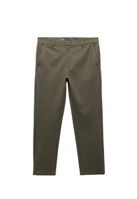 Pantalones verde oliva fabricados con un tejido texturizado, con corte recto, presillas para cinturón y dos bolsillos laterales, con un acabado limpio en el dobladillo.